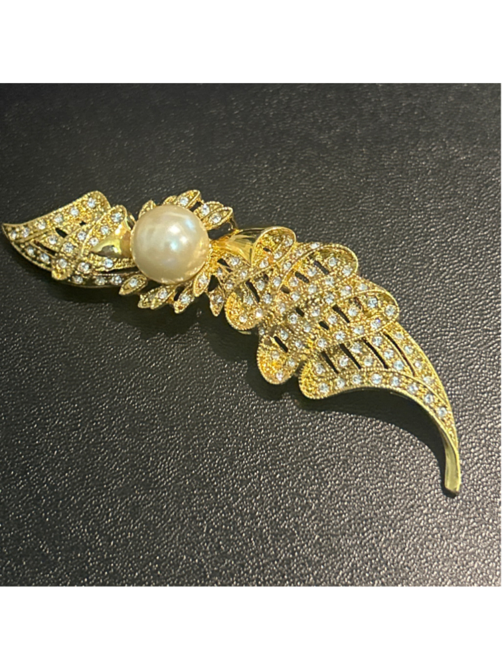 Women's JBK Gold Tone Faux Pearl and Rhinestone Leaf Brooch, collectible